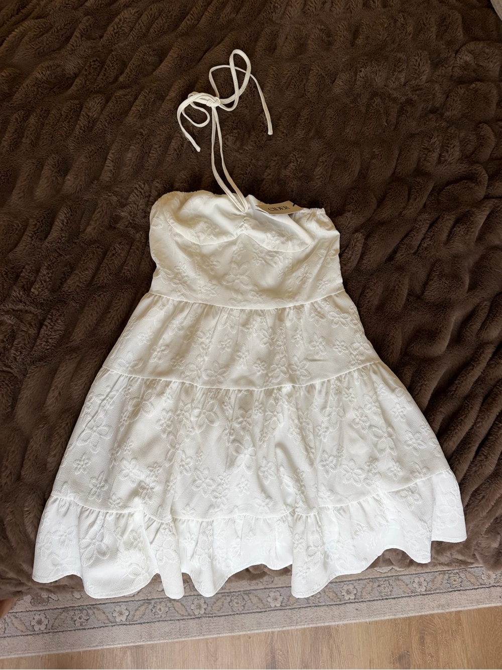 Cider White Floral Eyelet Halter Mini Dress